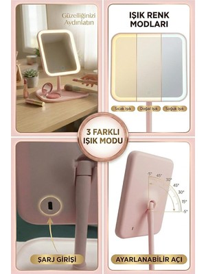 Nacario Ledli Dikdörtgen Ayna Işıklı Mini Makyaj Aynası 19X14 cm Pembe