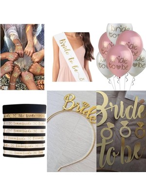 Nacario Tinky Winky Bride To Be Seti 18 Parça 5 Geçici Dövme-5 Bileklik-1 Gold Metal Taç- 1 Kuşak- 5 Balon- Bride Yazı Karışık