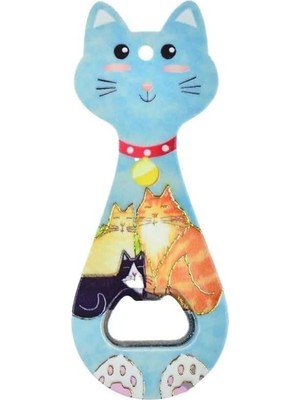 Nacario Miyav Kedi Mıknatıslı Şişe Kapak Açacağı, Buzdolabı Magnet Mavi, 5.5X14 Cm, Seramik Kaplama Kedili Açacak