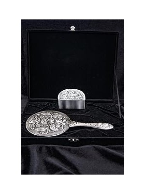 Nacario Turan DESIGN.925 Ayar Gümüş Ayna ve Tarak Seti, Hediyelik El Yapımı Çiçek Desenli Orijinal Gümüş El Aynası ve Gümüş Kemik Tarak Seti