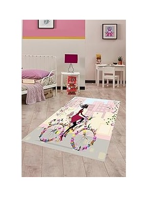 Nacario Pelangi Bisiklet Süren Kız Çiçekli Kelebekli Dijital Baskı Yıkanabilir Kaymaz Taban Çocuk Odası Halısı, Çok Renkli 160 x 300