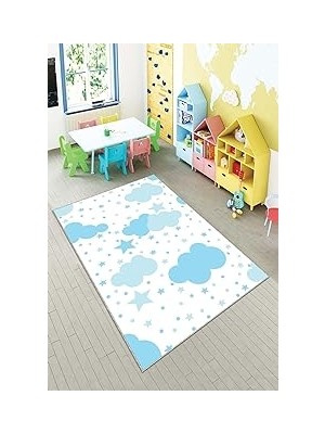 Nacario Pelangi Beyaz Bulut Desenli Yıkanabilir Kaymaz Taban Leke Tutmazbebek ve Çocuk Odası Halısı, Beyaz-Mavi 100 x 600, 901357072100600