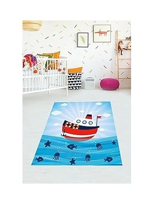Nacario Pelangi Denizci Gemi Desenli Dijital Baskı Yıkanabilir Kaymaz Taban Çocuk Odası Halısı, Mavi 80 x 350