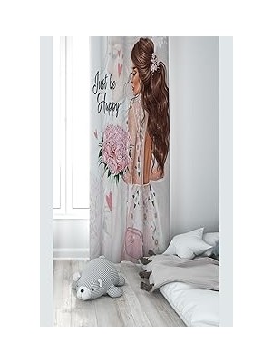 Nacario Pelangi Beyaz Çiçek Tutan Kız Desemli Dijital Baskı Yıkanabilir Bebek Çocuk Odası Fon Perdesi, Beyaz-Pembe 70 x 240