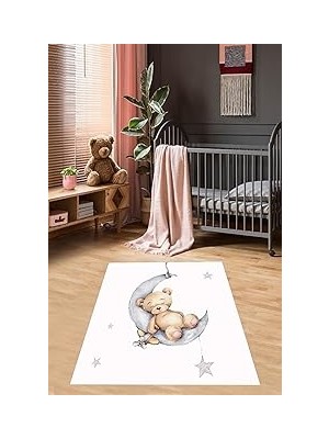Nacario Pelangi Ayda Sallanan Ayıcık Desen Renkli Dijital Baskı Yıkanabilir Kaymaz Taban Bebek ve Çocuk Odası Halısı, RENKLI4325 100 x 400
