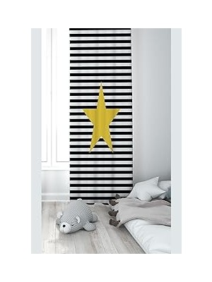 Nacario Pelangi Sarı Yıldız Desenli Dijital Baskı Yıkanabilir Bebek Çocuk Odası Fon Perdesi, Siyah-Sarı 140 x 240