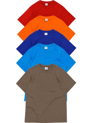 Fuddy Moda 5'li Unisex Regular Fit Bisiklet Yaka Tişört ( Kırmızı Turuncu Kahverengi Mavi Turkuaz )