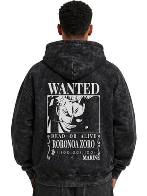 Sevbano Wanted Roronoa Zoro One Piece Baskılı Unisex Oversize Yıkamalı Premium Hoodie Sweatshirt