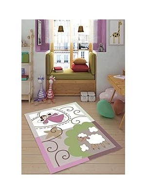 Nacario Pelangi Kuzu ve Melek Desenli Renkli Dijital Baskı Yıkanabilir Kaymaz Taban Çocuk Odası Halısı, Pembe 160 x 230