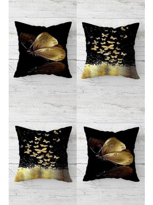 Nacario Pelangi Gold Kelebek Desenli Kelebekli Gizli Fermuarlı Kırlent Kılıfı Koltuk Yastık Kılıfı TAKIM(4ADET), Gold-Siyah 43 x 43