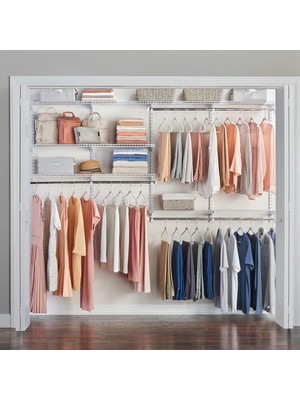 Nacario Rubbermaid Configurations Deluxe Dolap Kiti, Beyaz, 4-8 Ft., Genişletilebilir Raf ve Teleskopik Çubuklu Tel Raf Kiti, Özel Dolap Düzenleme Sistemi, Kolay Kurulum