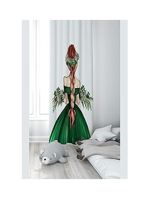 Nacario Pelangi Beyaz Fon Yeşil Elbiseli Kız Desenli Dijital Baskı Yıkanabilir Bebek Çocuk Odası Fon Perdesi, Beyaz-Yeşil 140 x 240