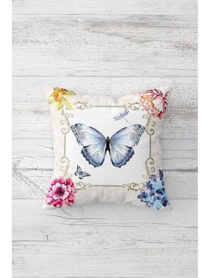 Nacario Pelangi Vintage Kelebekli Çiçekli Çift Taraflı Gizli Fermuarlı Yastık Kılıfı Kırlent Koltuk Yastık Kılıfı, Lacivert-Beyaz 45 x 45, 2469102845451
