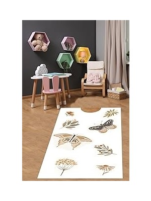 Nacario Pelangi Kelebek Desen Minimalist Yıkanabilir Kaymaz Taban Leke Tutmaz Çocuk Odası Halısı, Beyaz-Kahverengi-Bej 60 x 120, 764201196012005