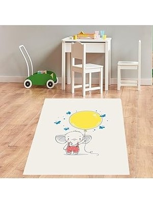 Nacario Pelangi Filli Balonlu Kelebekli Dijital Baskı Yıkanabilir Kaymaz Taban Fil Desenli Bebek Odası Halısı, Beyaz 160 x 250