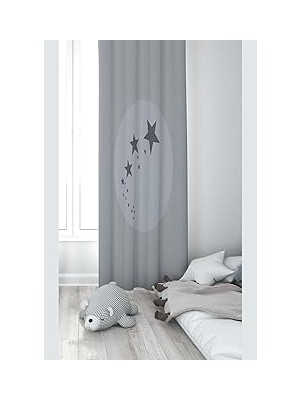 Nacario Pelangi Koyu Gri Yıldız Desenli Dijital Baskı Yıkanabilir Bebek Çocuk Odası Fon Perdesi, Gri 70 x 240