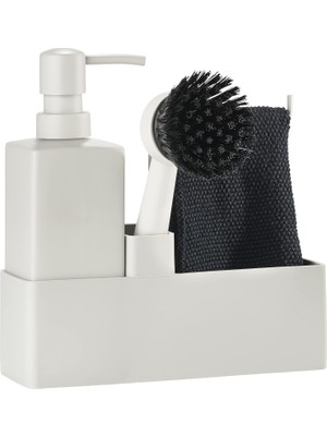 Nacario Zone Denmark Geschirrspülset, Spülorganizer Mit Seifenspender/spülmittelspender, Spültuch Und Spülbürste, 19 x 6 x 20,5 Cm, Set Mit 4 Teilen, Warm Grey (Grau)