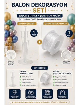 Bkmc 2'li Şeffaf Balon Standı Seti | 7 Kollu Balon Standı + 10 Metre Şeffaf Asma Ipi | Doğum Günü, Baby Shower, Nişan ve Organizasyonlar Için Parti Aksesuarı Parti Seti Süsü