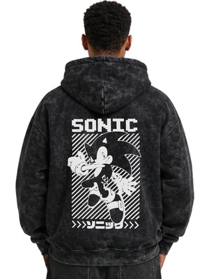 Sevbano Sonic Çizgi Film Baskılı Unisex Oversize Yıkamalı Premium Hoodie Sweatshirt
