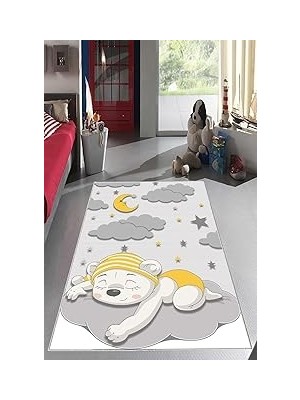 Nacario Pelangi Gri Uyuyan Ayıcık Desenli Yıkanabilir Kaymaz Taban Leke Tutmazbebek ve Çocuk Odası Halısı, Gri-Sarı 180 x 280
