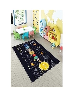 Nacario Pelangi Siyah Gezegen Desenli Eğitici Yıkanabilir Kaymaz Taban Leke Tutmazbebek ve Çocuk Odası Halısı, Siyah 180 x 250, 901357029180250
