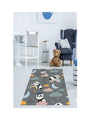 Nacario Pelangi Panda Gökkuşağı Bulut Desenli Dijital Baskı Yıkanabilir Kaymaz Taban Leke Tutmaz Çocuk Odası Halısı, Gri-Mavi 160 x 300