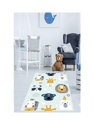 Nacario Pelangi Zebra Zürafa Aslan Ayı Desenli Dijital Baskı Yıkanabilir Kaymaz Taban Leke Tutmaz Çocuk Odası Halısı, Koyu-Açık Mavi 160 x 300