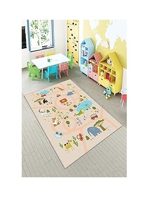 Nacario Pelangi Bej Hayvan Desenli Yıkanabilir Kaymaz Taban Leke Tutmazbebek Vbe Çocuk Odası Halısı, Somon-Yeşil 160 x 230, 901357057160230