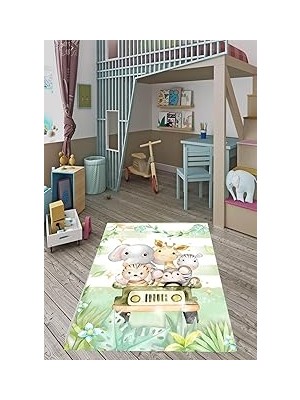 Nacario Pelangi Pastel Renkler Sevimli Hayvanlar Zürafa Yıkanabilir Kaymaz Taban Leke Tutmaz Çocuk Odası Halısık, Mint-Beyaz 160 x 300, 76420051603001