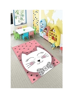 Nacario Pelangi Pembe Kedi Desenli Yıkanabilir Kaymaz Taban Leke Tutmazbebek ve Çocuk Odası Halısı, Açık Pembe-Beyaz 160 x 300