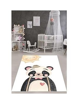 Nacario Pelangi Beyaz Zemin Güneş ve Sevimli Panda Yıkanabilir Kaymaz Taban Leke Tutmaz Çocuk Odası Halısı, Turuncu-Siyah-Beyaz 100 x 250, 7642012310025005