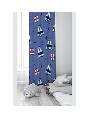 Nacario Pelangi Mavi Yelkenli Desenli Dijital Baskı Yıkanabilir Bebek Çocuk Odası Fon Perdesi, Karışık Renkli 140 x 200