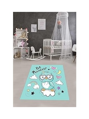 Nacario Pelangi Baykuş Desenli Dijital Baskılı Kaymaz Taban Yıkanabilir Leke Tutmaz Çocuk Odası Halısı, Mavi 130 x 180