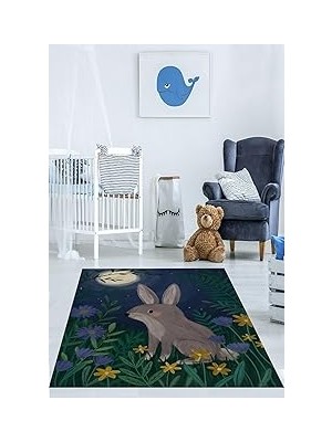 Nacario Pelangi Ormandaki Tavşan ve Ay Işığı Iskandinav Yıkanabilir Kaymaz Taban Leke Tutmaz Çocuk Odası Halısı, Lacivert-Gri-Yeşil 80 x 250, 764209208025005