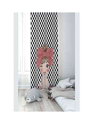 Nacario Pelangi Siyah Beyaz Şaşkın Kız Desenli Dijital Baskı Yıkanabilir Bebek Çocuk Odası Fon Perdesi, Siyah-Beyaz 140 x 270