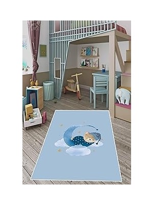 Nacario Pelangi Bulut Üstünde Sevimli Ayı Desenli Dijital Baskı Yıkanabilir Kaymaz Taban Çocuk ve Bebek Odası Halısı, Açık Mavi 160 x 300