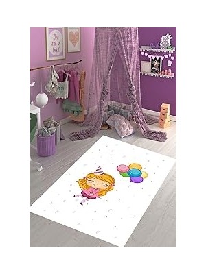 Nacario Pelangi Küçük Kız Desenli Renkli Benekli Dijital Baskı Yıkanabilir Kaymaz Taban Çocuk ve Bebek Odası Halısı, Beyaz 120 x 200