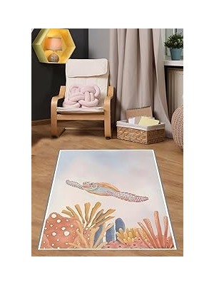 Nacario Pelangi Denizaltı Caretta Caretta Kaplumbağa Yıkanabilir Kaymaz Taban Leke Tutmaz Çocuk Odası Halısı, Mavi-Turuncu 160 x 300