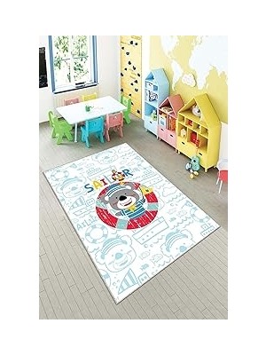Nacario Pelangi Mavi Denizci Kahraman Desenli Yıkanabilir Kaymaz Taban Leke Tutmazbebek ve Çocuk Odası Halısı, Beyaz-Mavi 60 x 120, 90135701160120