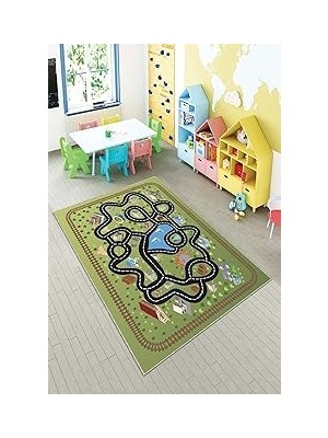 Nacario Pelangi Yeşil Araba Yollu Yıkanabilir Kaymaz Taban Leke Tutmaz Bebek ve Çocuk Odası Halısı, Koyu Yeşil-Siyah 100 x 150, 901357019100150