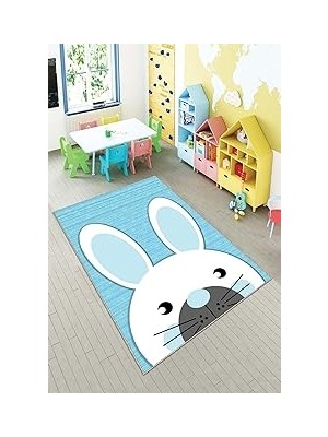 Nacario Pelangi Mavi Tavşan Desenli Yıkanabilir Kaymaz Taban Leke Tutmazbebek ve Çocuk Odası Halısı, Gri-Mavi 40 x 40, 9013571574040