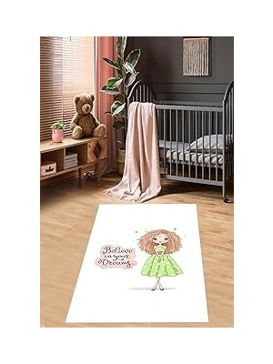 Nacario Pelangi Believe In Your Dreams Prenses Desen Dijital Baskı Yıkanabilir Kaydırmaz Genç Kız Çocuk Odası Halısı, Beyaz-Yeşil 80 x 50