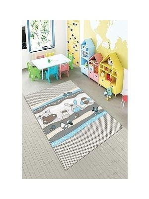 Nacario Pelangi Gri Sevimli Hayvanlar Desenli Yıkanabilir Kaymaz Taban Leke Tutmaz Çocuk Odası Halısı, Gri-Mavi 80 x 200, 90135718080200