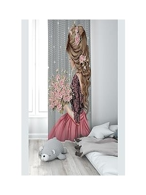 Nacario Pelangi Gri Prenses Desenli Dijital Baskı Yıkanabilir Bebek Çocuk Odası Fon Perdesi, Gri-Pembe 70 x 270, 1103258702701