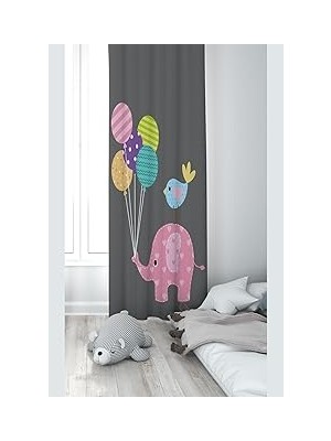 Nacario Pelangi Fil ve Balon Desenli Dijital Baskı Yıkanabilir Bebek Çocuk Odası Fon Perdesi, Füme 140 x 240