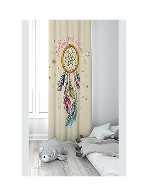 Nacario Pelangi Krem Dreamcatcher Desenli Dijital Baskı Yıkanabilir Bebek Çocuk Odası Fon Perdesi, Krem 70 x 200