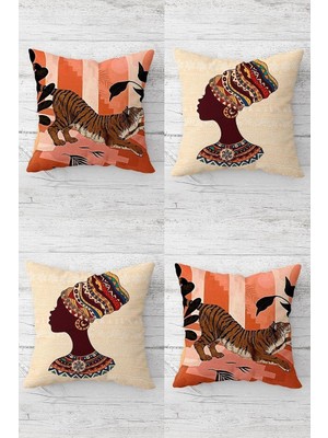 Nacario Pelangi Leopar Desenli Afrikalı Siyahi Kadın Gizli Fermuarlı Kırlent Kılıfı Koltuk Yastık Kılıfı TAKIM4ADET, Yavruağzı 45 x 45