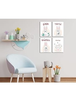 Nacario Bebek ve Çocuk Odaları Için Güzel, Tatlı, Şirin ve Mutlu 4 Lü Ahşap Tablo Seti