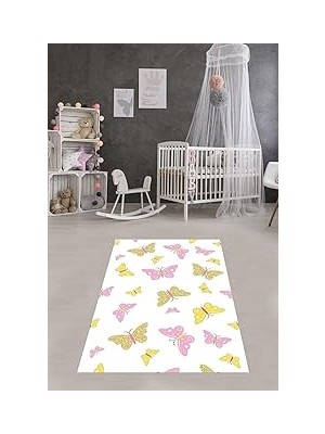 Nacario Pelangi Kelebek Şeklinde Kelebek Desenli Dijital Baskı Yıkanabilir Kaydırmaz Leke Tutmaz Çocuk Odası Halısı, Pembe-Beyaz 180 x 280