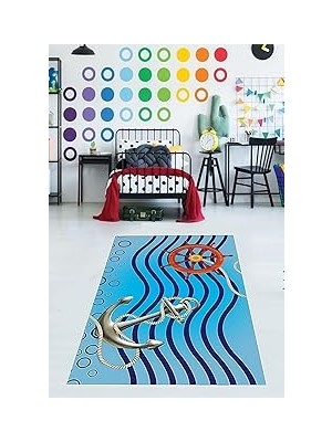 Nacario Pelangi Gemici Desenli Dümen Çapa Dijital Baskı Yıkanabilir Kaymaz Taban Çocuk ve Genç Odası Halısı, Mavi 130 x 180